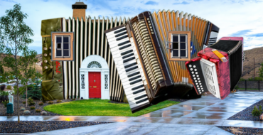 a suburban house made of three accordions