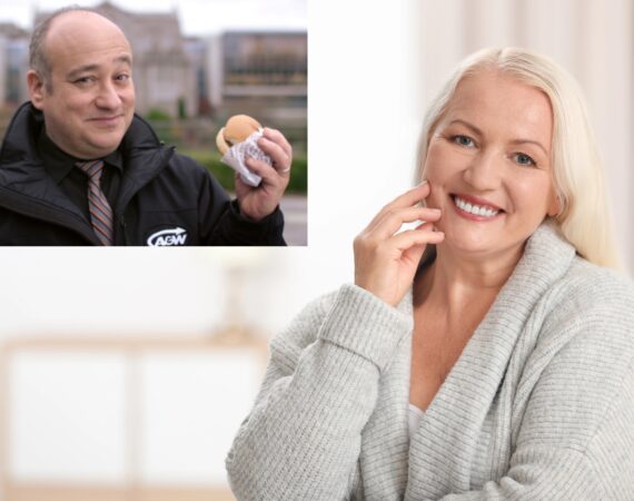 photo of a smiling older woman looking at the camera with an insert in the top left corner of the A&W Guy, holding a hamburger