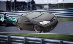 A beat-up 2005 Honda Civic on a racetrack, in front of a standard race car.