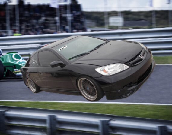 A beat-up 2005 Honda Civic on a racetrack, in front of a standard race car.