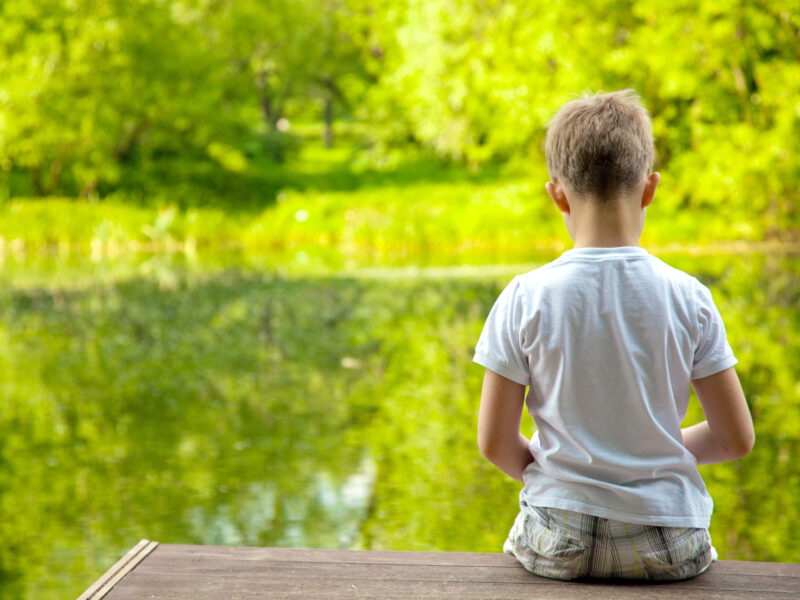 little boy sitting on dock with his back to the camera, looking at a lake surrounded by very green forest